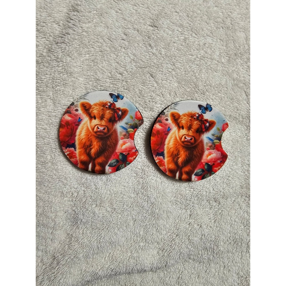Cow Car Coasters Cute Highland Heifer Auto Cup Holder Coaster Set‎ of 2